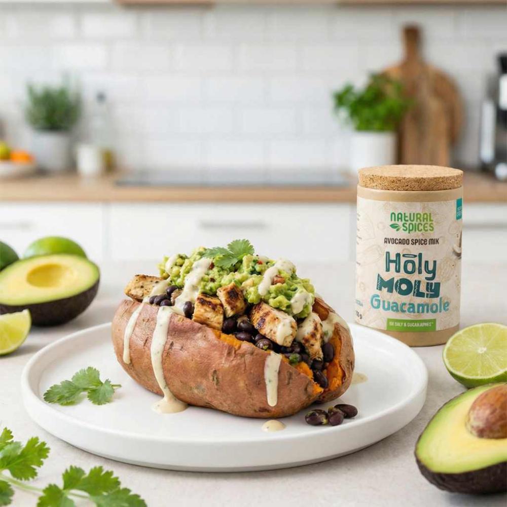 High Protein Mexicaanse Gepofte Zoete Aardappel met Kip & Holy Moly Guacamole