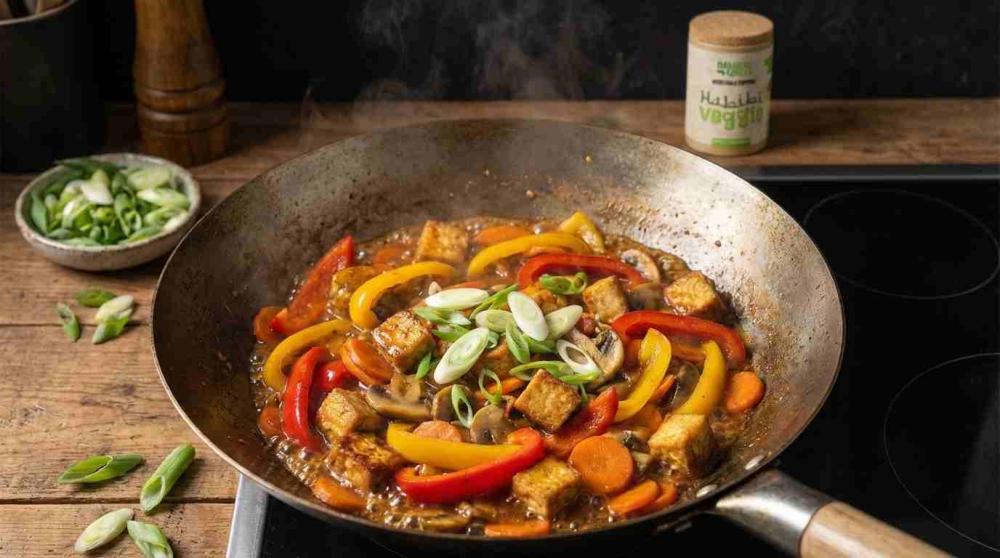 saucepan with stir-fry vegetables and habibi veggie spice mix in the background