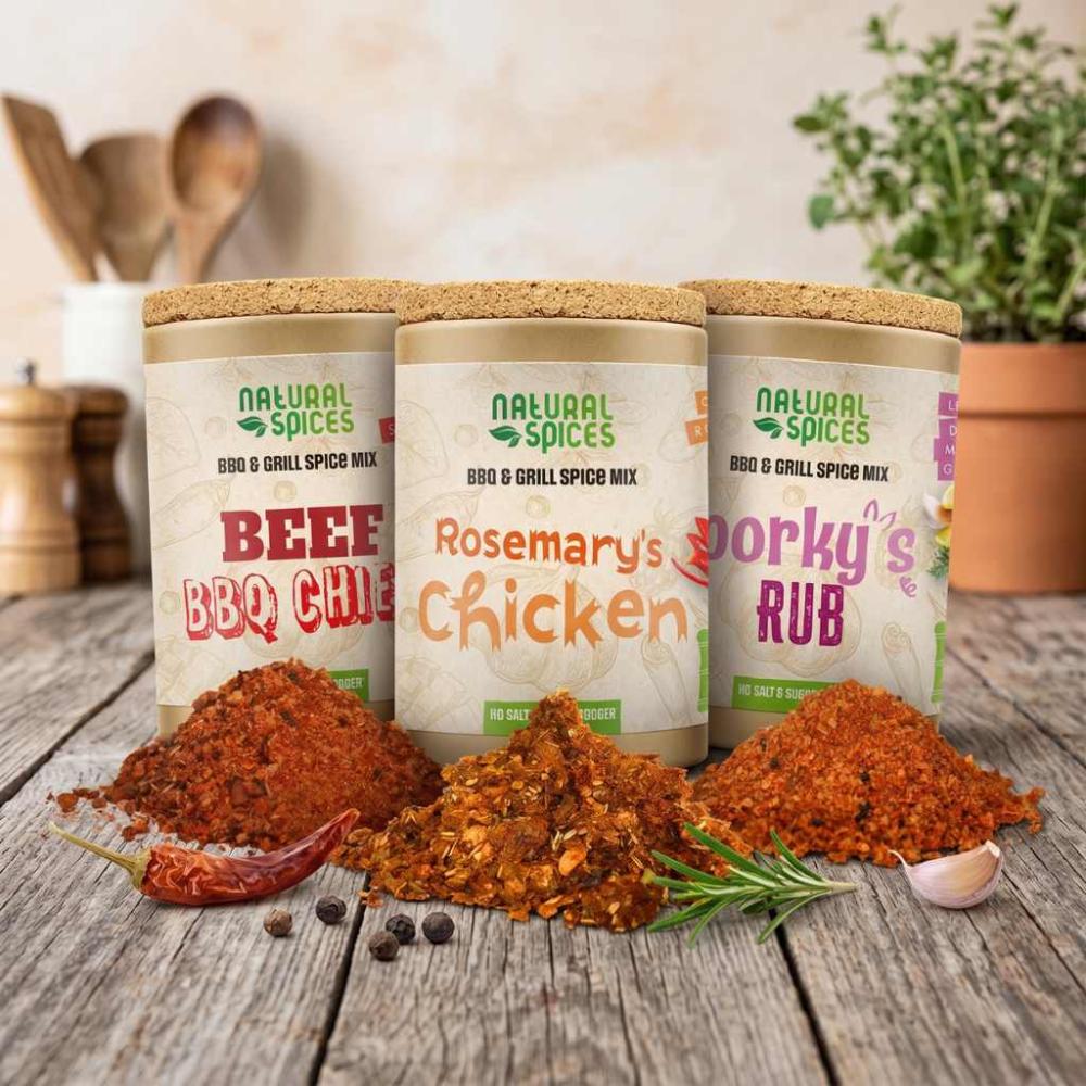 3 different bbq rubs for pork, beef and chicken