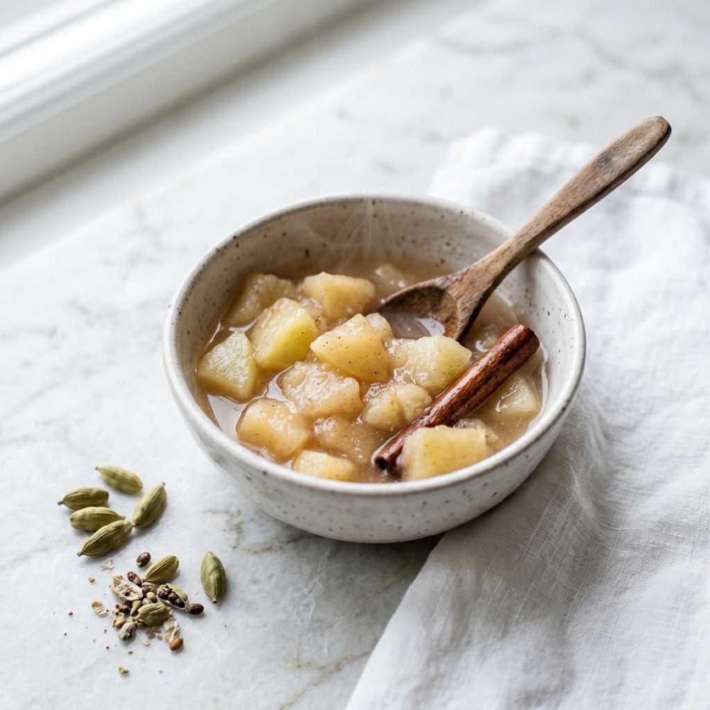 small bowl of apple compote with cardamom pods next to it
