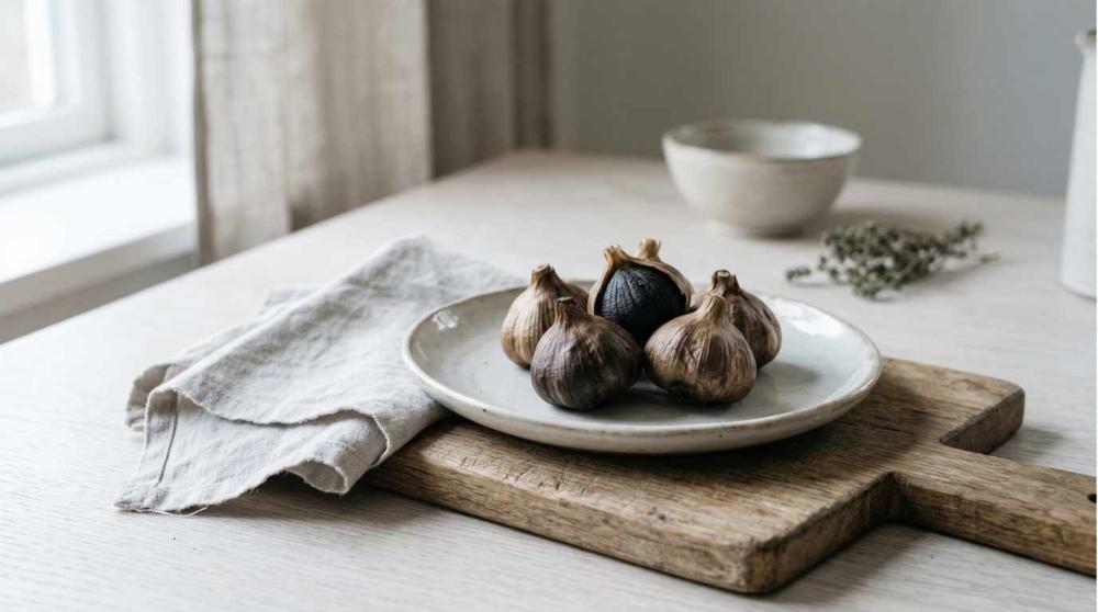 wit bordje op een houten snijplank met een paar zwarte knoflook bollen