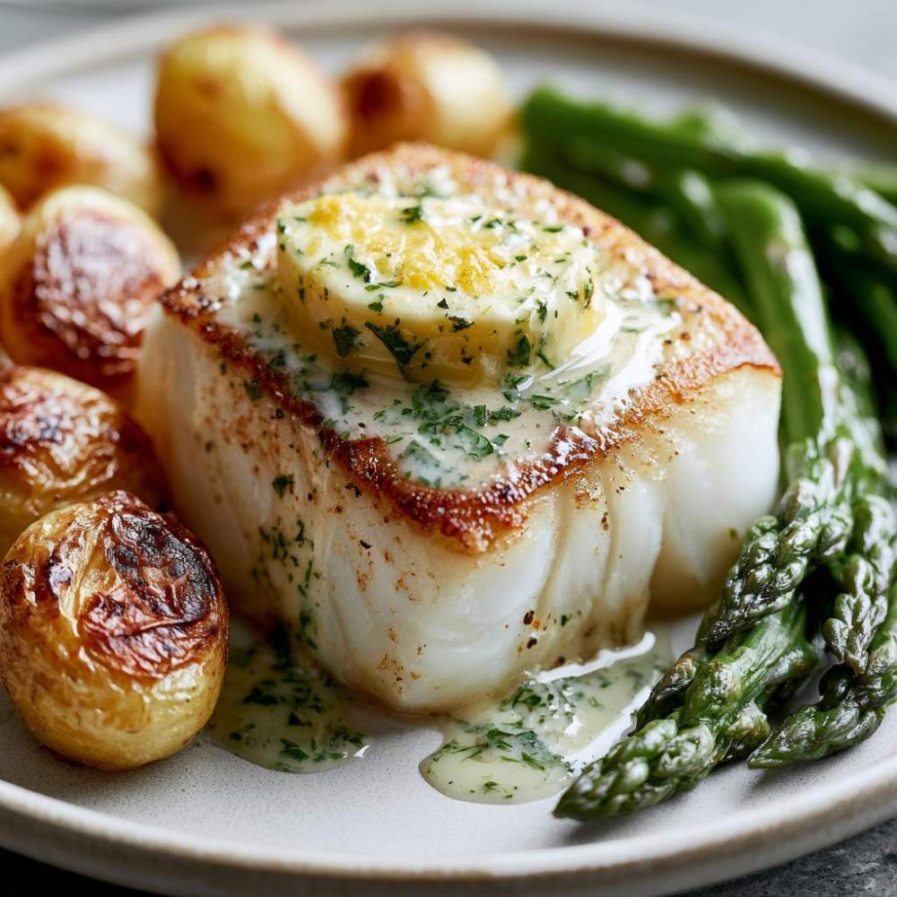 grilled cod with lemon herb butter and asparagus