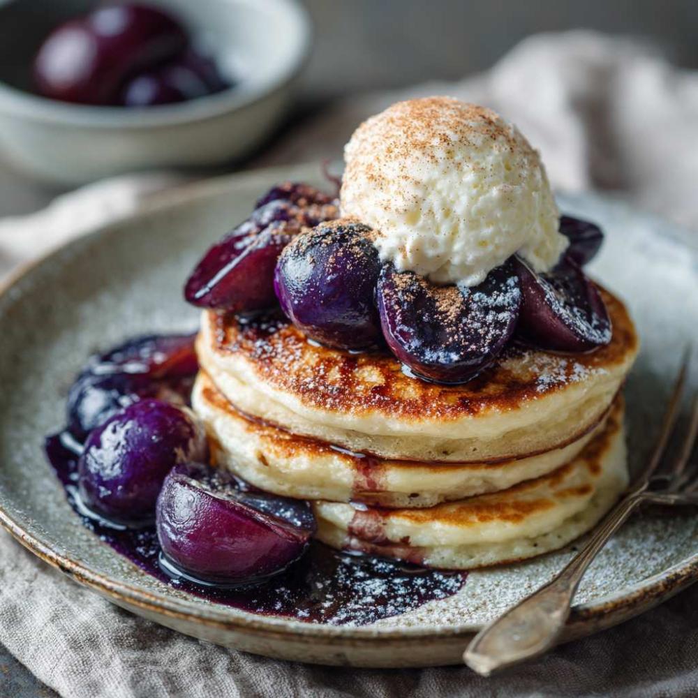 cottagecheese pannenkoekjes met gestoofde pruimen, sinaasappel en kardemom