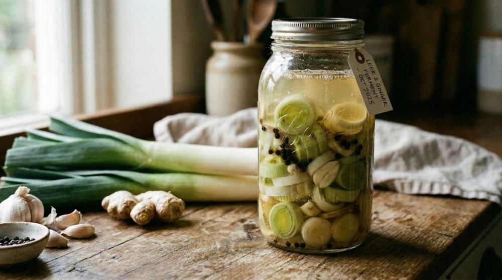 a jar with fermented leek, peppercorns, ginger and garlic