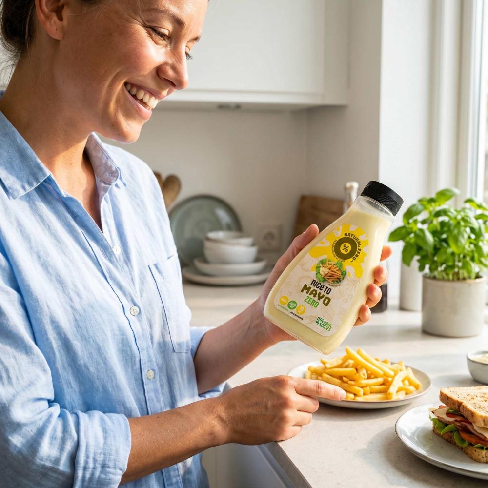 a woman with a bottle of nice to mayo low calorie sauce
