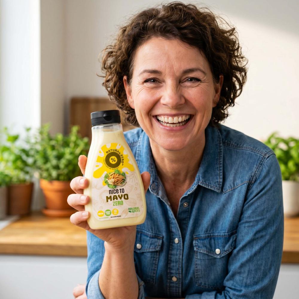 woman holding bottle Nice to mayo, low calorie mayonnaise