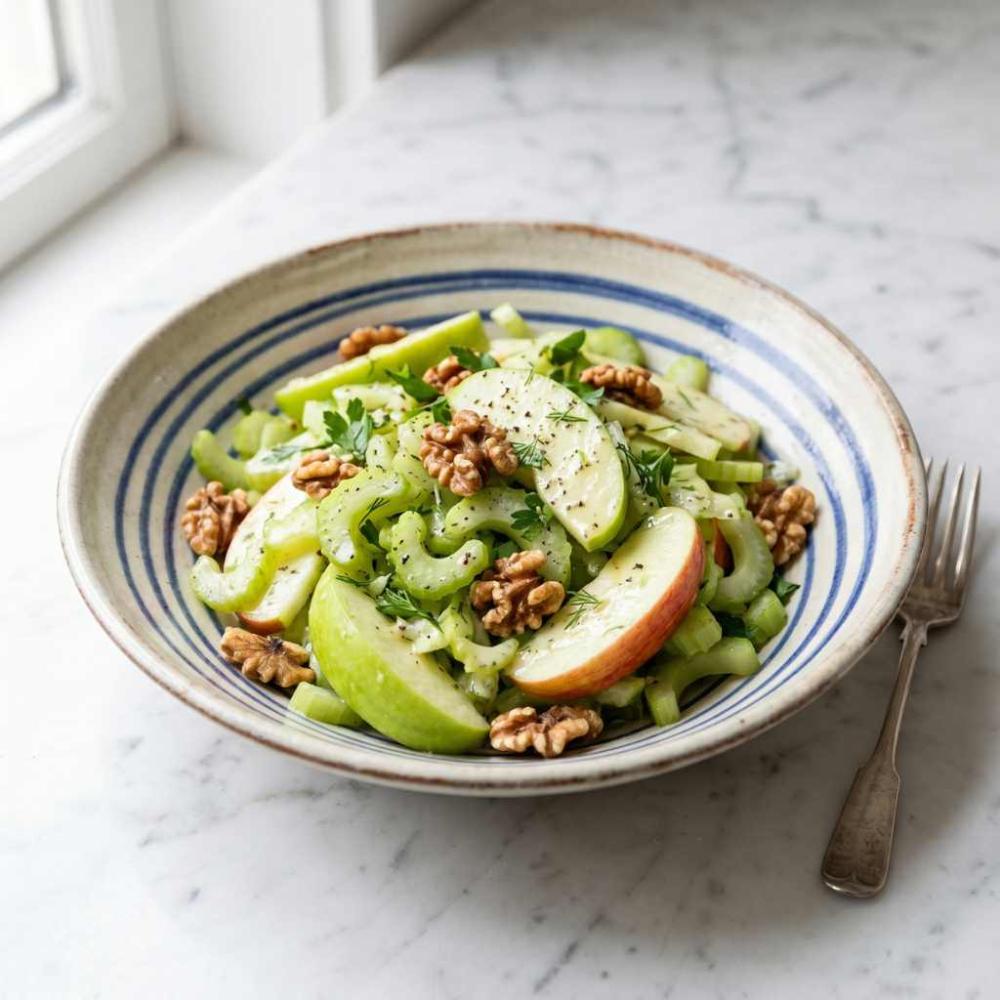 waldorf salad with apple, celery and walnuts in a bowl
