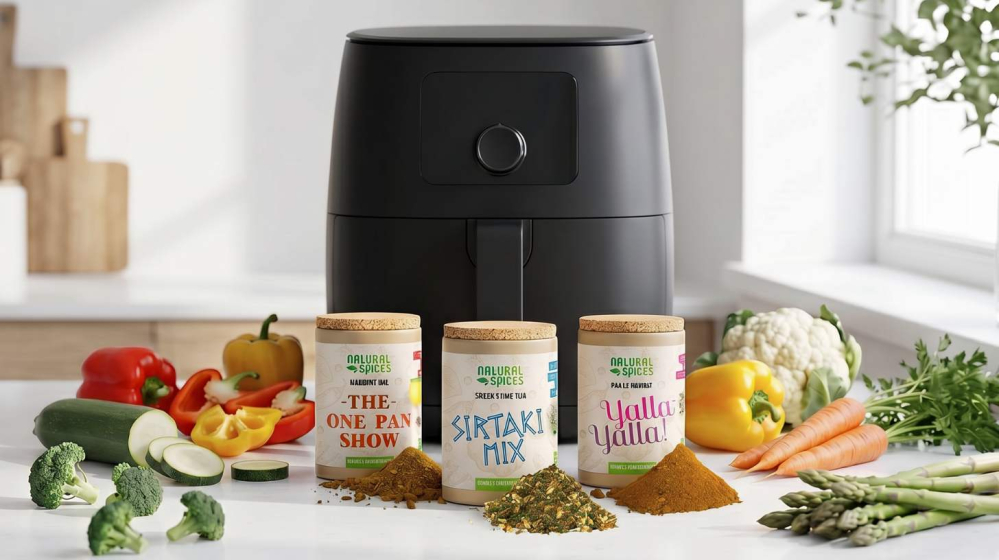 Air fryer on a kitchen countertop with Natural Spices World Mix seasonings and fresh vegetables including broccoli, bell peppers, courgette and carrots.