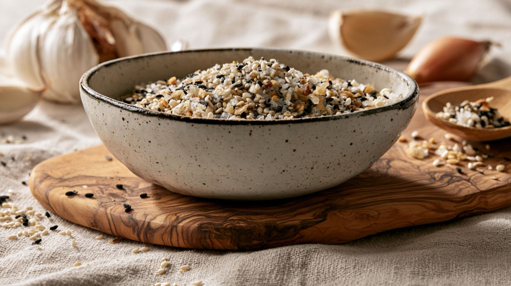 close-up van Everything Bagel Seasoning in een schaaltje op een houten snijplank
