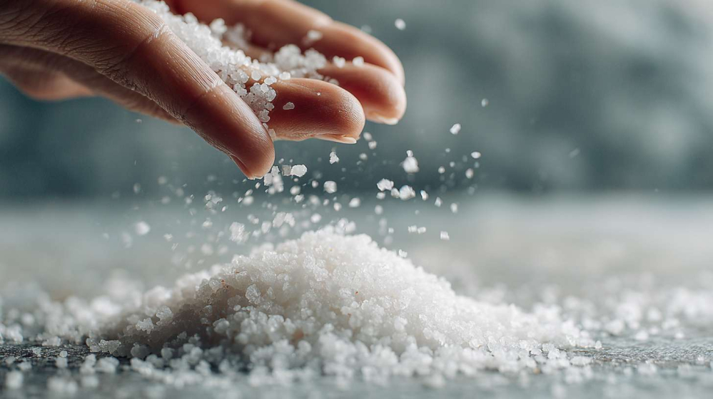 een hand die fleur de sel sprinkelt
