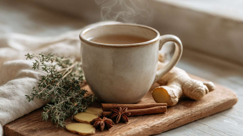 A handmade ceramic mug of steaming herbal tea on an olive wood chopping board, surrounded by fresh ginger slices, a cinnamon stick, two star anise and a small sprig of fresh thyme. 