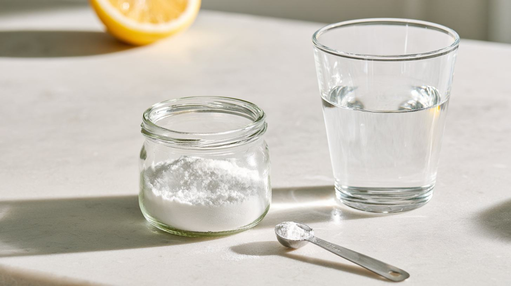 Natriumascorbaat vitamine C-poeder met maatlepel en glas water.