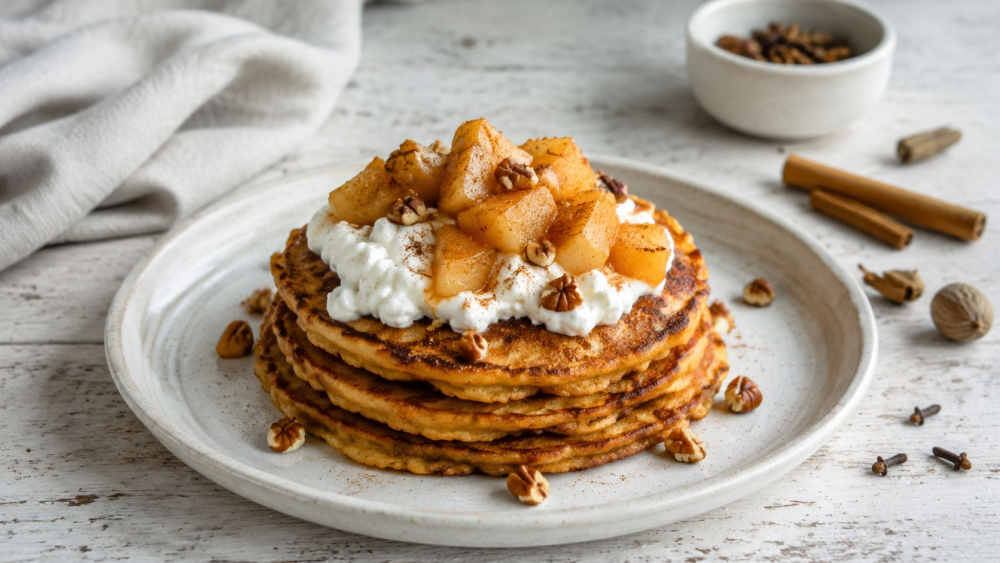 Pumpkin spice pannenkoekjes met cottage cheese, gebakken appel en pecannoten