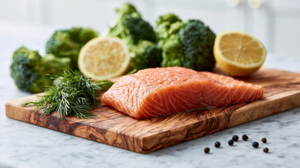 Verse zalmfilet op een olijfhouten plank met broccoli, citroen en dille als inspiratie voor groenten die goed bij zalm passen.
