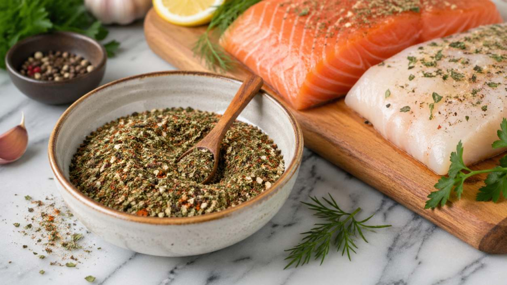 Close-up van een zelfgemaakte viskruidenmix in een keramieken schaal naast verse zalm en witvis op een houten snijplank op een marmeren aanrecht, met citroen, dille en verse kruiden.