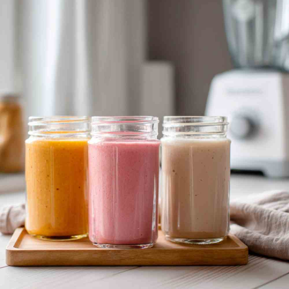 A small bowl of cottage cheese, small bottle of milk and small bowls with different spices (ground cinnamon, ginger, nutmeg) placed next to the cottage cheese on a simple light wood tray on a white-washed kitchen table.