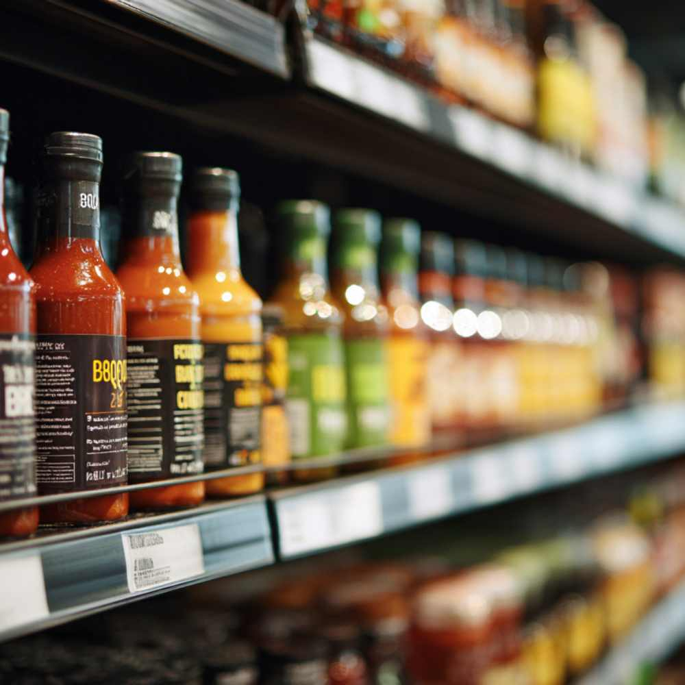 supermarket isle filled with sauce bottles