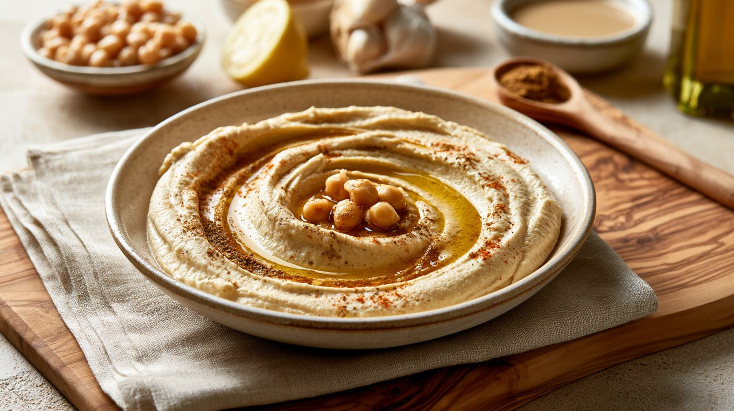 Romige zelfgemaakte hummus in een keramieken kom, afgewerkt met olijfolie, komijn en kikkererwten, omringd door verse ingrediënten zoals citroen, knoflook, tahin en kikkererwten op een houten serveerplank.