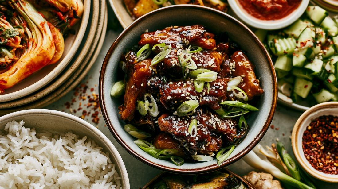 Koreaanse maaltijd met sticky kip, rijst, kimchi, groenten en pittige saus met sesam en bosui.