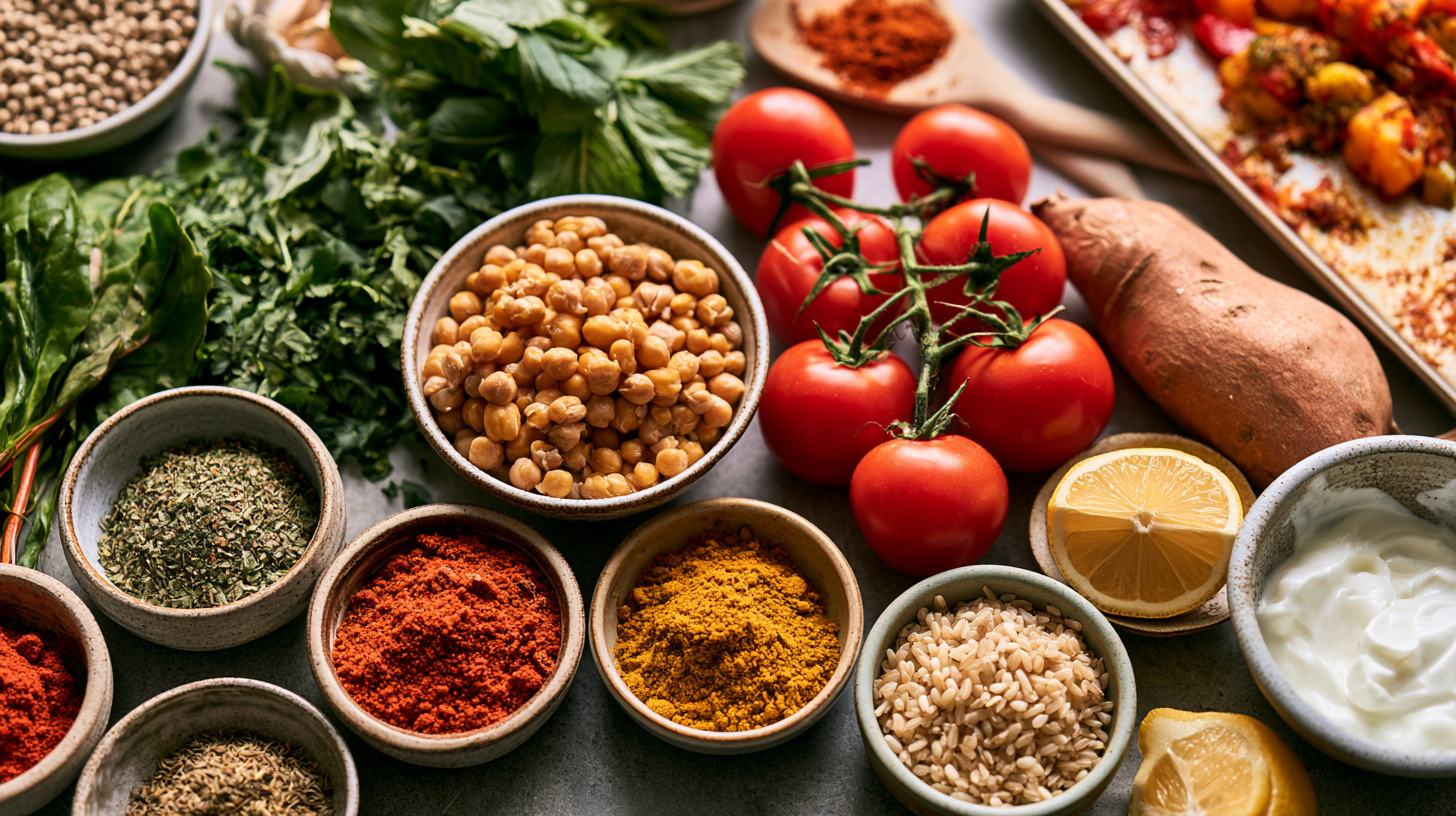 Verse, onbewerkte ingrediënten zoals groenten, kikkererwten en rijst met verschillende kruiden en specerijen klaar om mee te koken.
