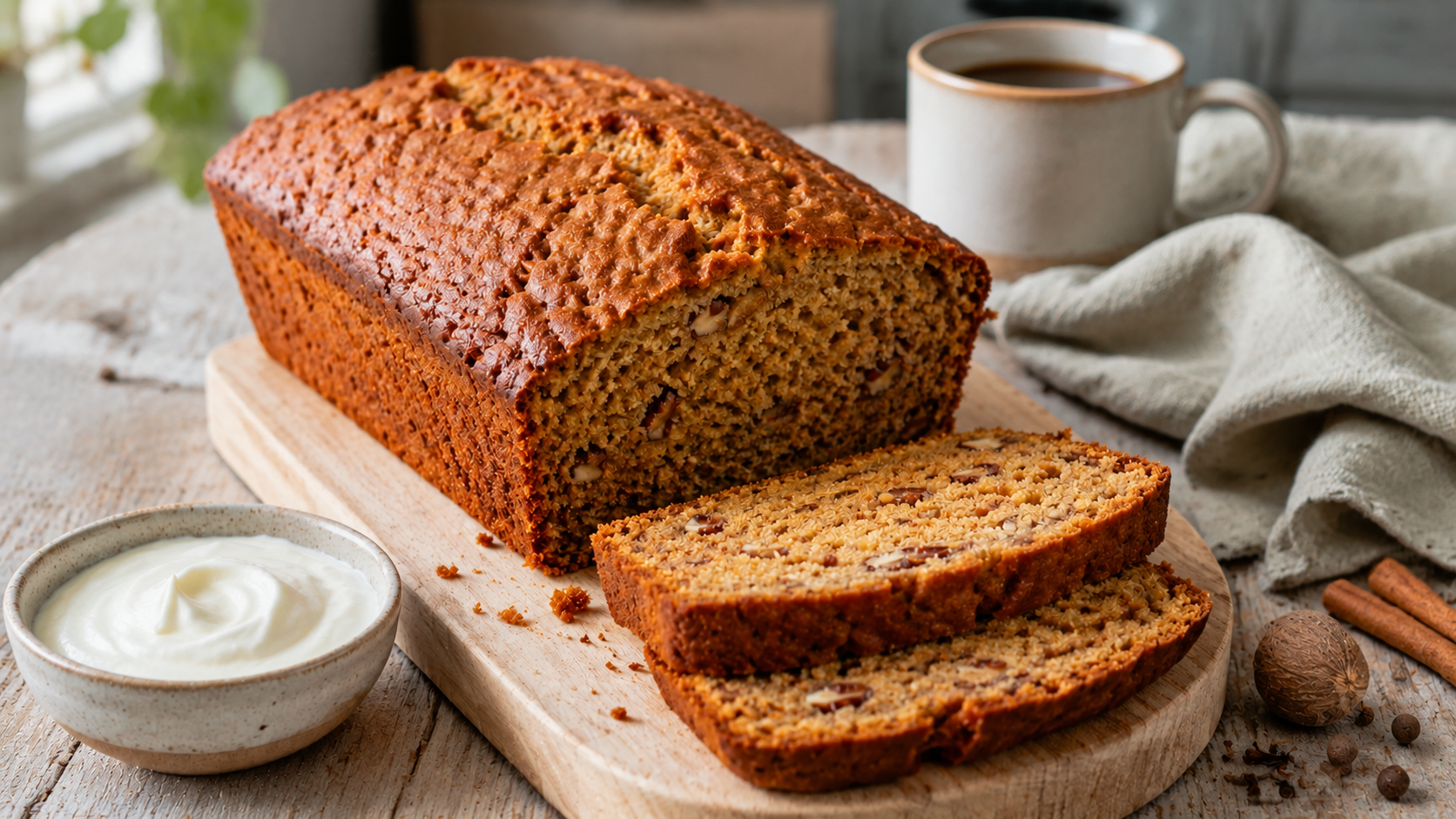 Luchtig pumpkin spice bananenbrood met yoghurt en pecannoten