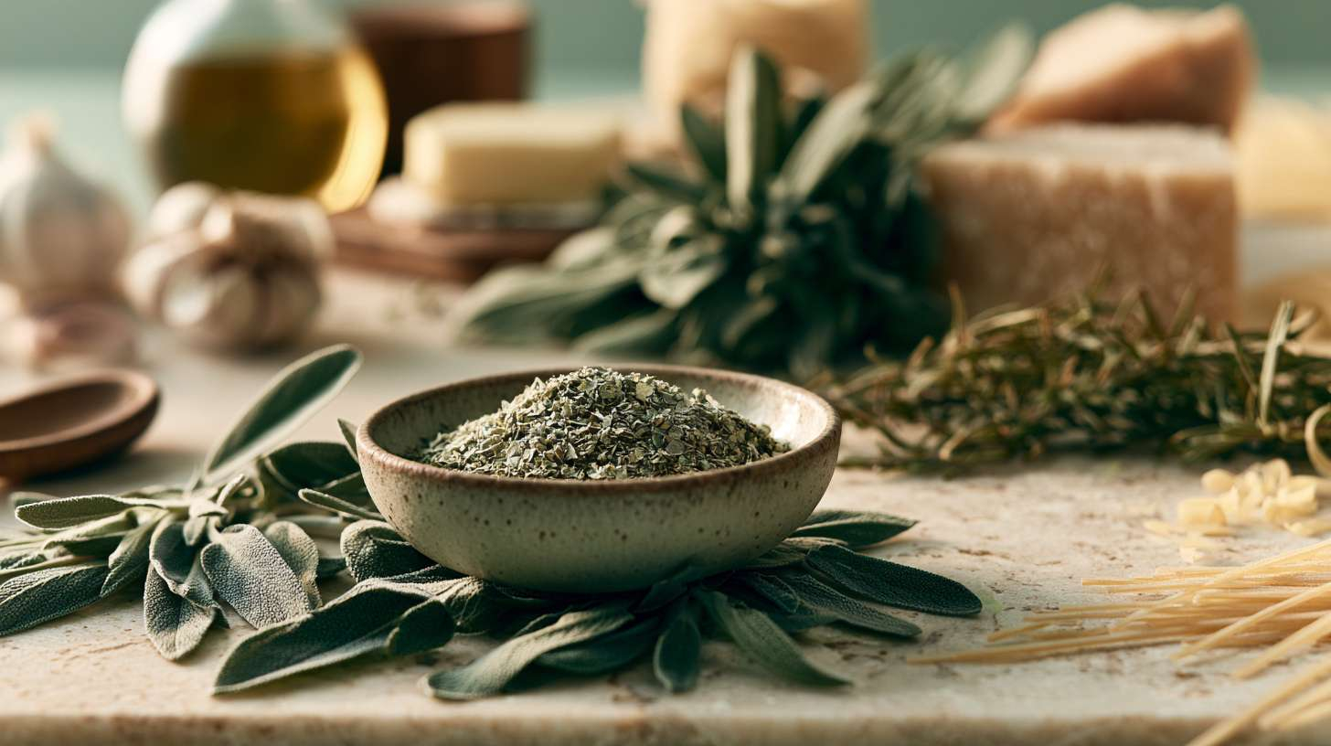 Fresh sage leaves and ground sage with Mediterranean cooking ingredients on a light stone kitchen countertop.