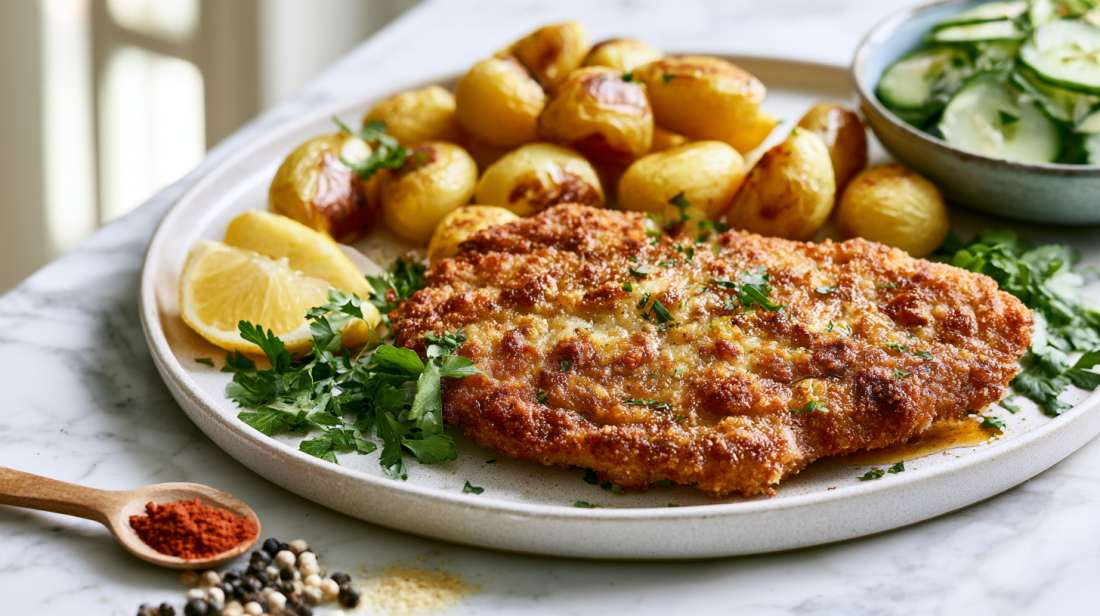 Golden-brown homemade schnitzel with crispy roasted potatoes, lemon wedges, parsley and a small selection of herbs and spices on a white plate.