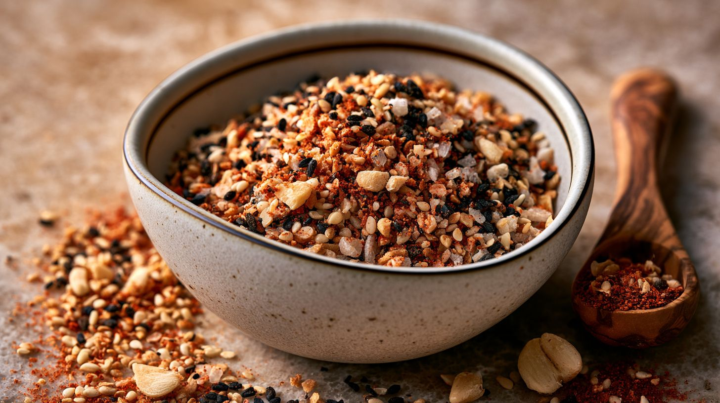 homemade Smoky Everything Bagel Seasoning in a beautiful bowl. Clearly visible are white sesame seeds, black sesame seeds, nigella seeds, onion granules, garlic granules, coarse sea salt and vibrant smoked paprika powder