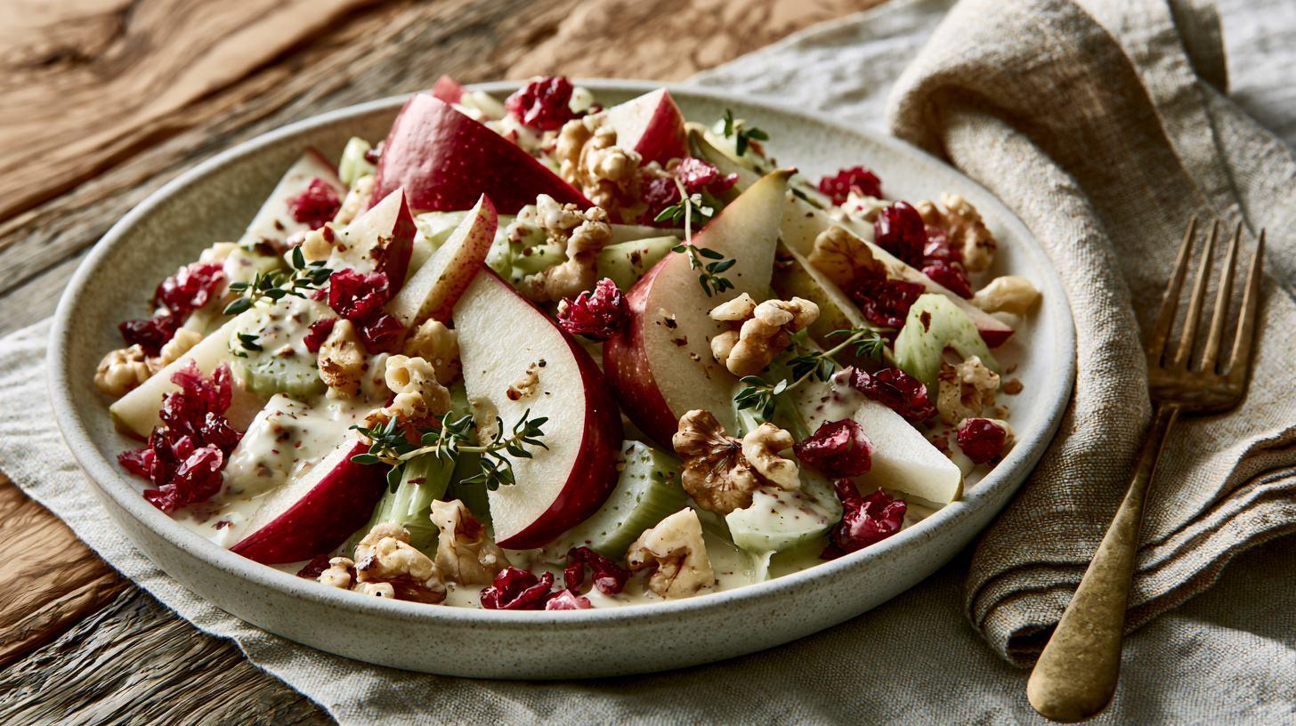 Herfst Waldorfsalade met appel, peer, bleekselderij, walnoten en cranberries in een romige dressing.