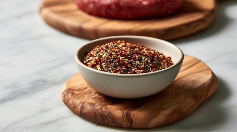 Zelf hamburgerkruiden maken met een huisgemaakte burger seasoning van paprika, knoflook, peper en kruiden naast een rauwe hamburger.