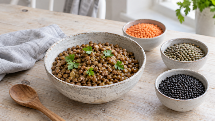 Verschillende soorten rode, groene en zwarte linzen naast een schaal met gekookte linzen.