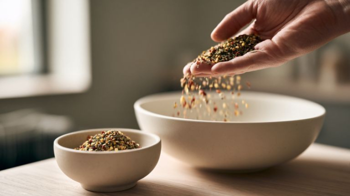 Hand pouring colourful dried herbs and spices into a mixing bowl to create a homemade salt-free spice blend on a light wooden countertop.