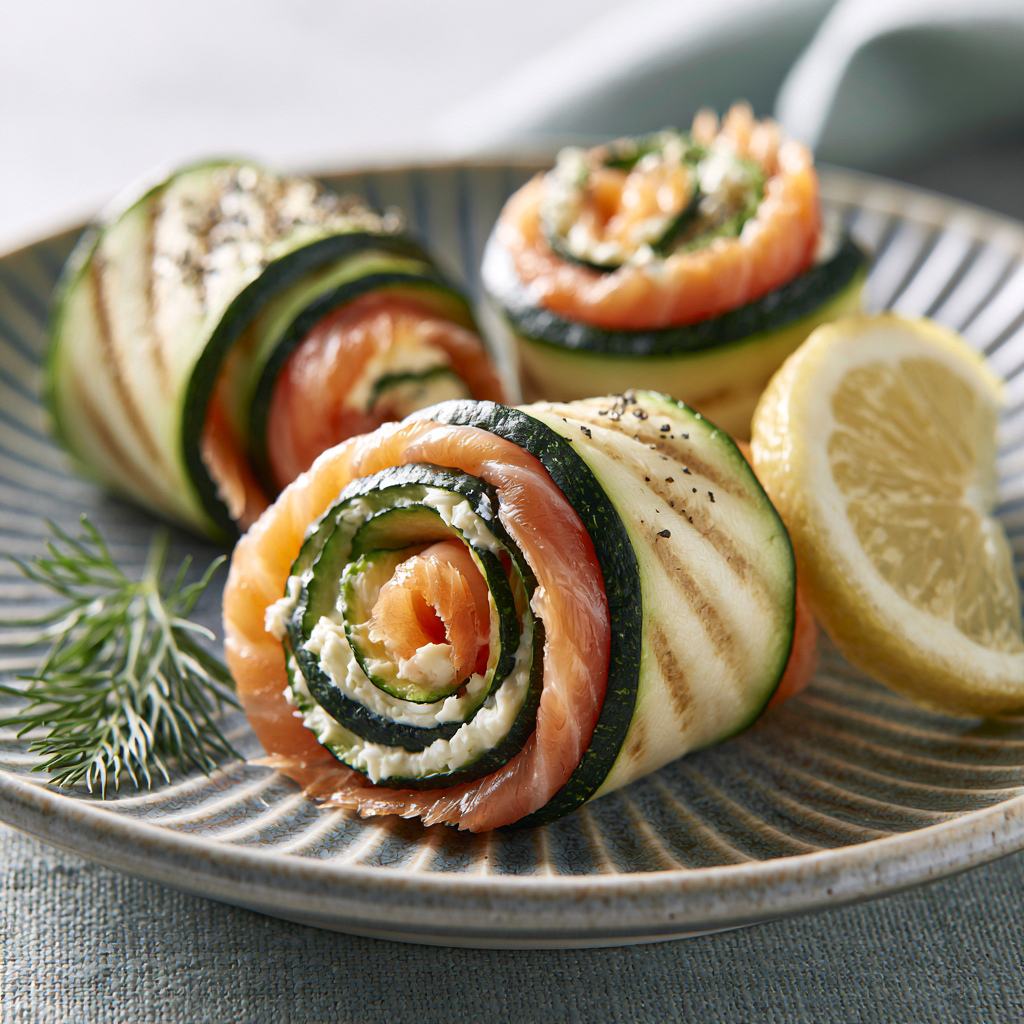 Zucchini rolls with smoked salmon, cream cheese and dill