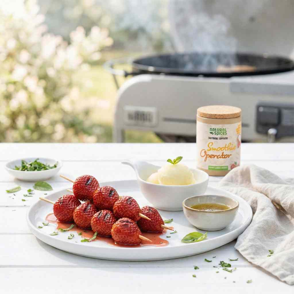 aardbei spiesjesvan de bbq  en citroen ijs en een potje smoothie operator op een tafel buiten naast de bbq