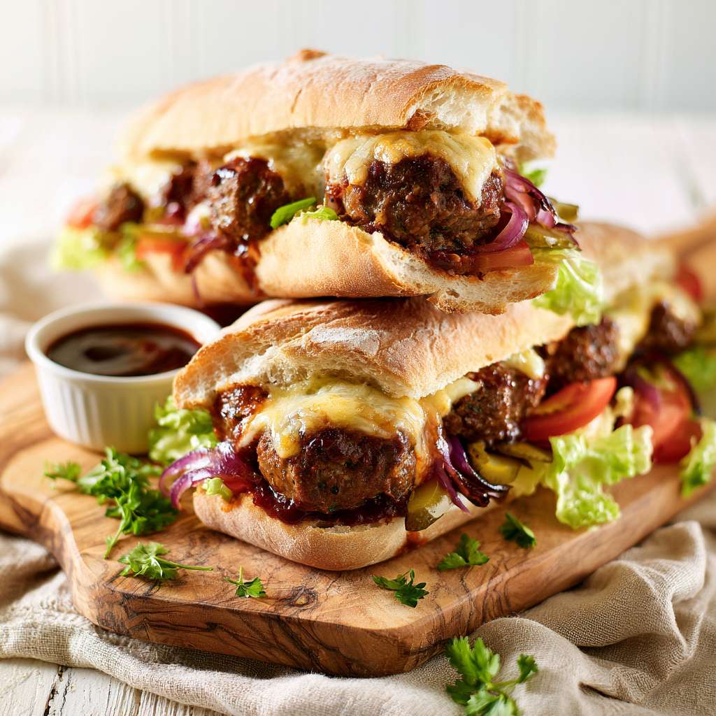 Juicy BBQ Meatball Subs with Beef BBQ Chief, melted cheddar and BBQ sauce. E