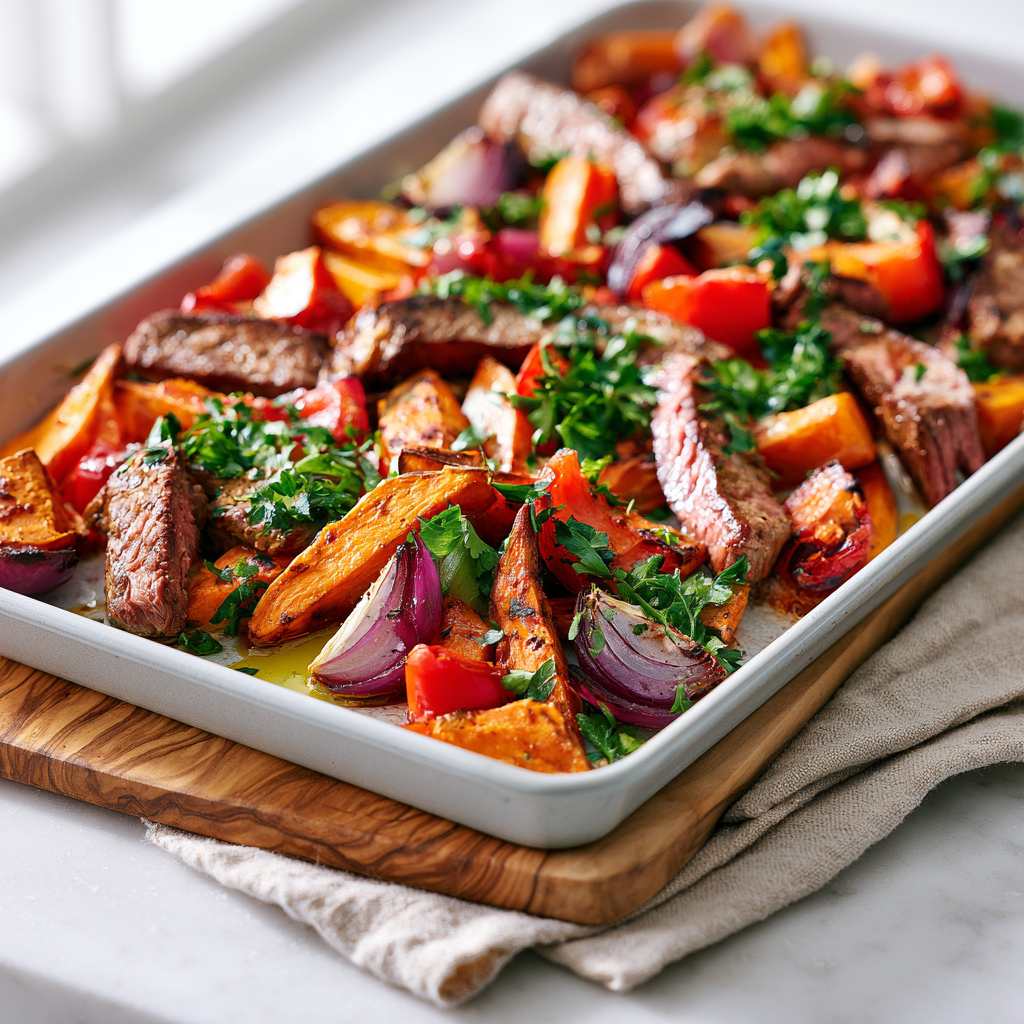 beef sweet potato traybake with beef strips. Seasoned with Beef BBQ Chief herb mix