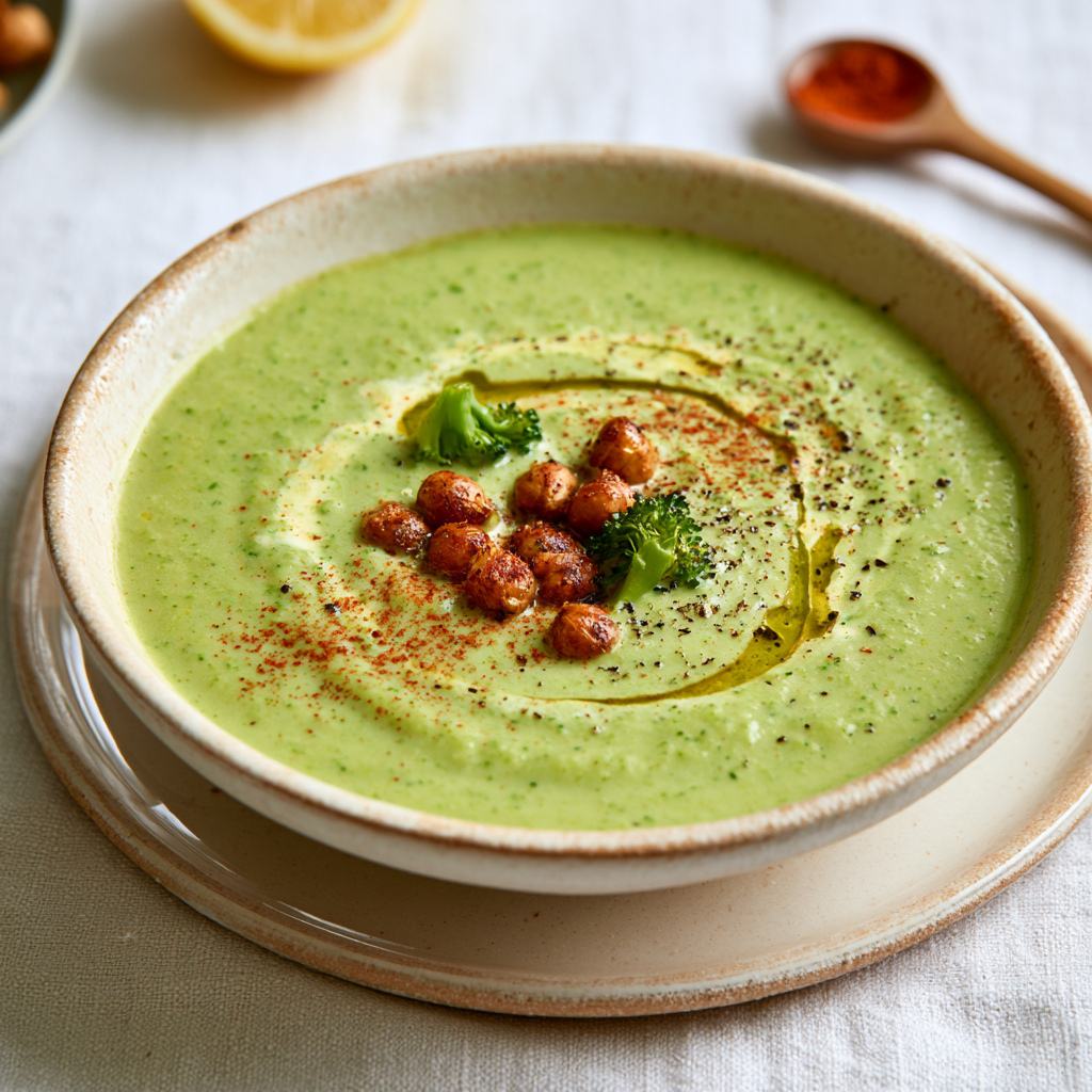 a plate of creamy broccoli soup with roasted chickpeas seasoned with smoked paprika powder