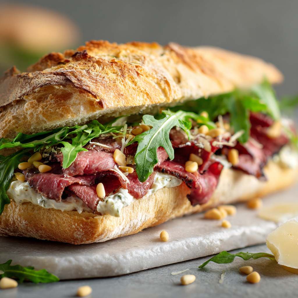 broodje runder carpaccio met low cal truffel mayonaise en rucola