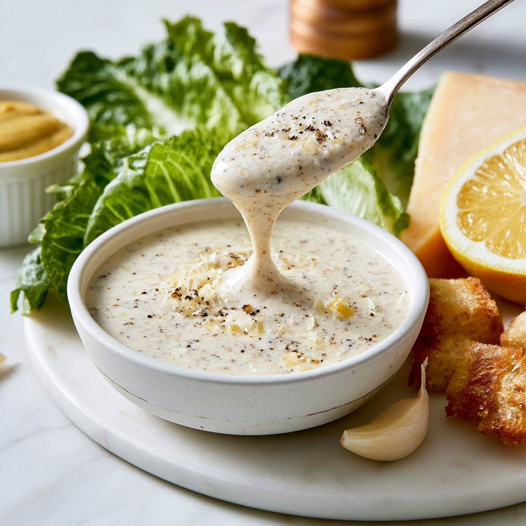 Bowl with creamy homemade Caesar salad dressing, served with Parmesan cheese, lemon, garlic and romaine lettuce on a light marble surface.