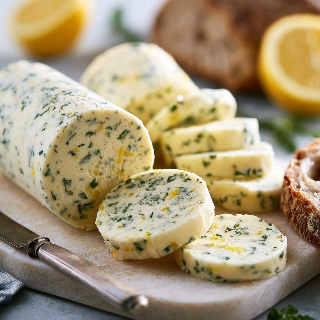Lemon herb butter on wooden board