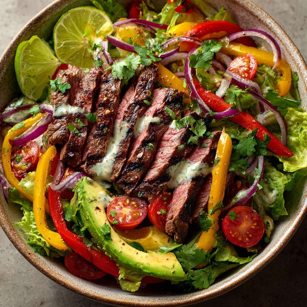 fajita steak salad with avocado dressing