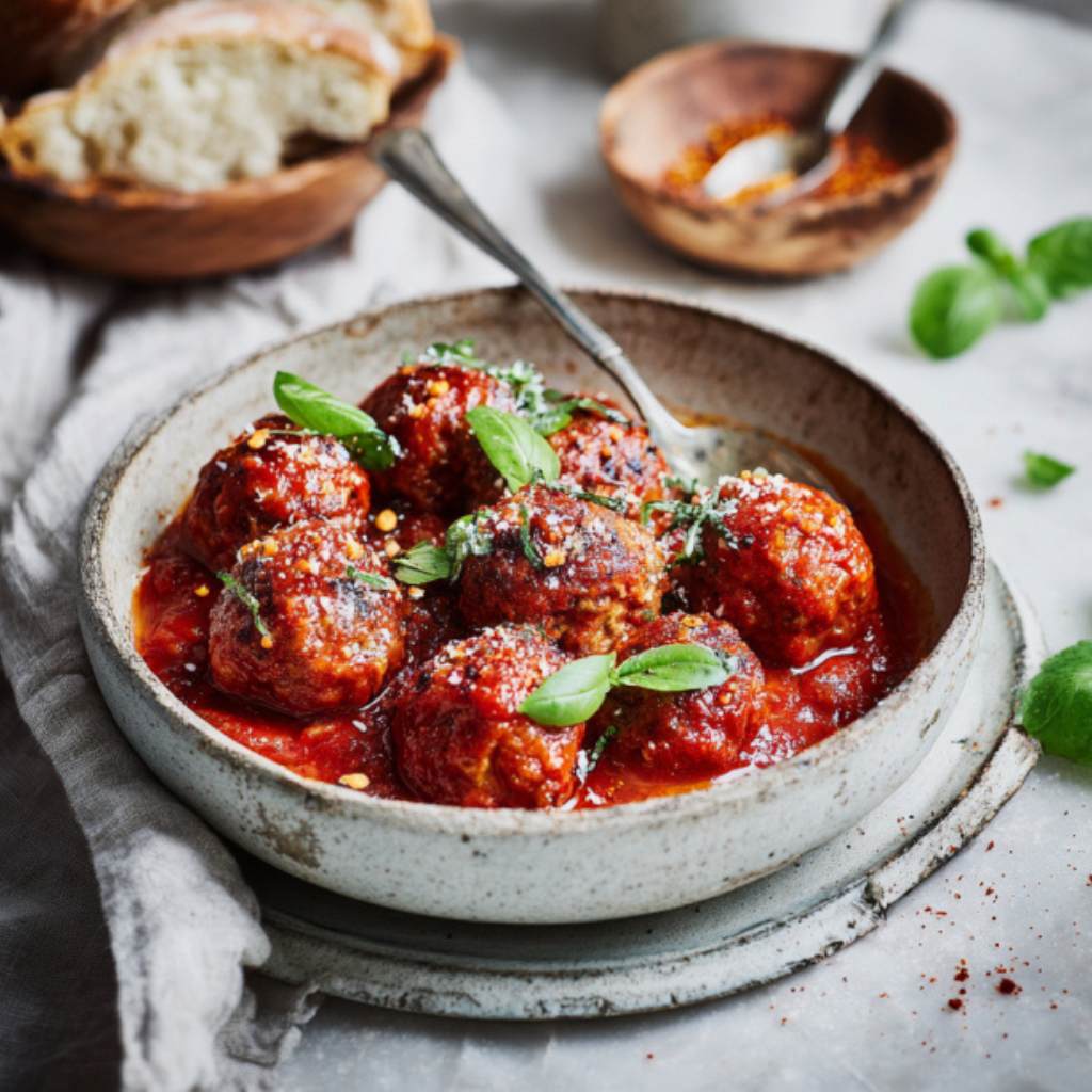 een schaal met gehaktballetjes in tomatensaus