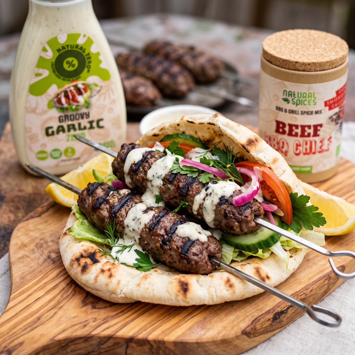 Juicy kofta minced meat skewers in warm pita bread with lettuce, tomato, cucumber, red onion and creamy garlic sauce, served with Beef BBQ Chief spices and Groovy Garlic Zero sauce from Natural Spices.