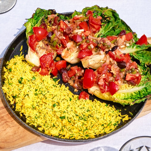 Grilled baby romaine lettuce with antiboise and yellow rice