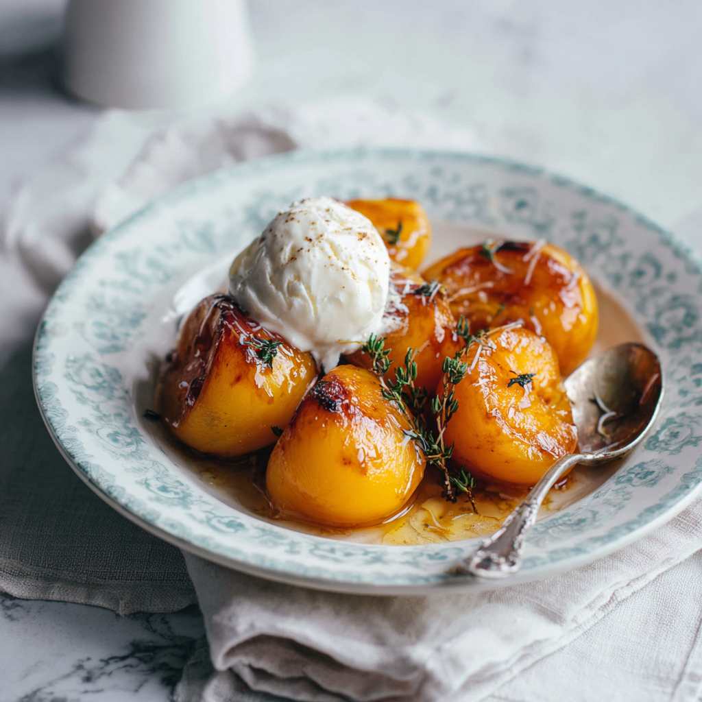 Geroosterde perziken met kaneel en tijm met een bolletje vanille ijs op een vintage bordje
