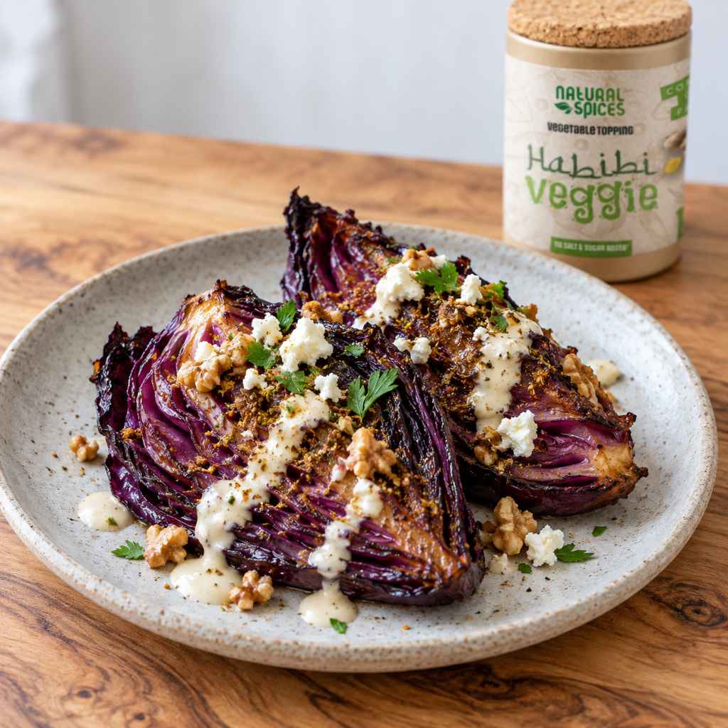 Roasted red cabbage with Habibi Veggie, feta, walnuts and yogurt sauce.