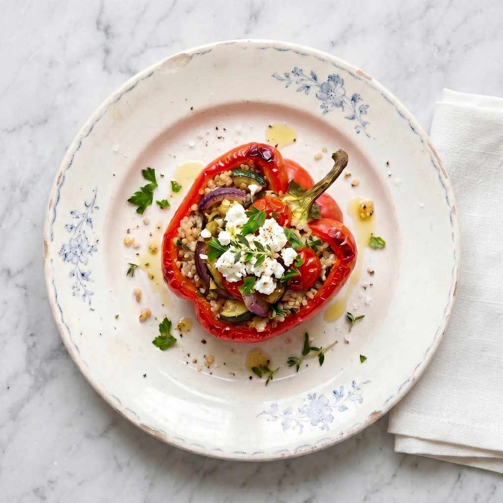 vintage frans bord met daarop een geroosterde gevulde paprika met groente en geitenkaas