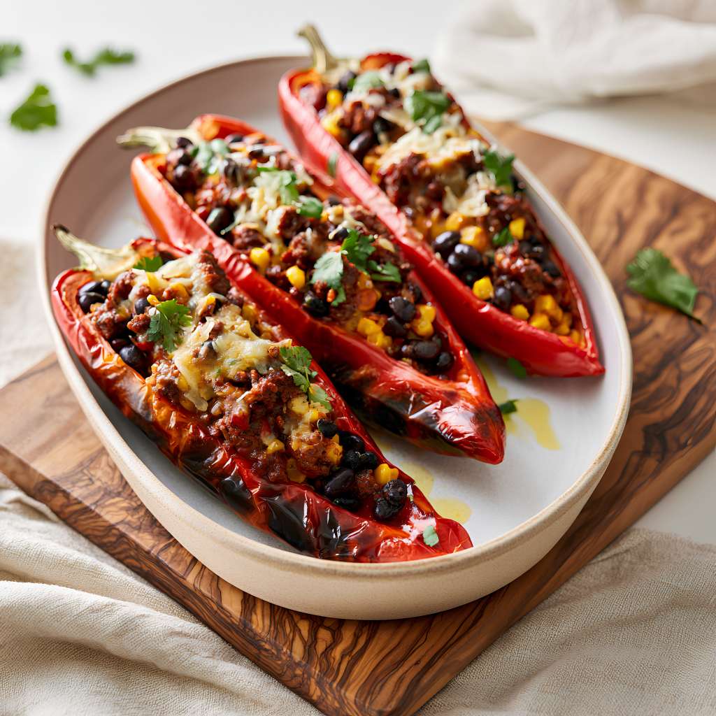 Stuffed pointed peppers with ground beef, black beans and corn