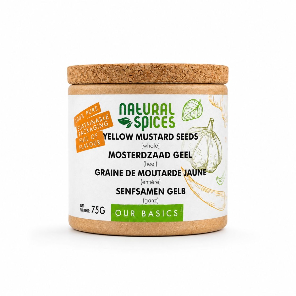 whole yellow mustard seeds in a cardboard jar Natural Spices