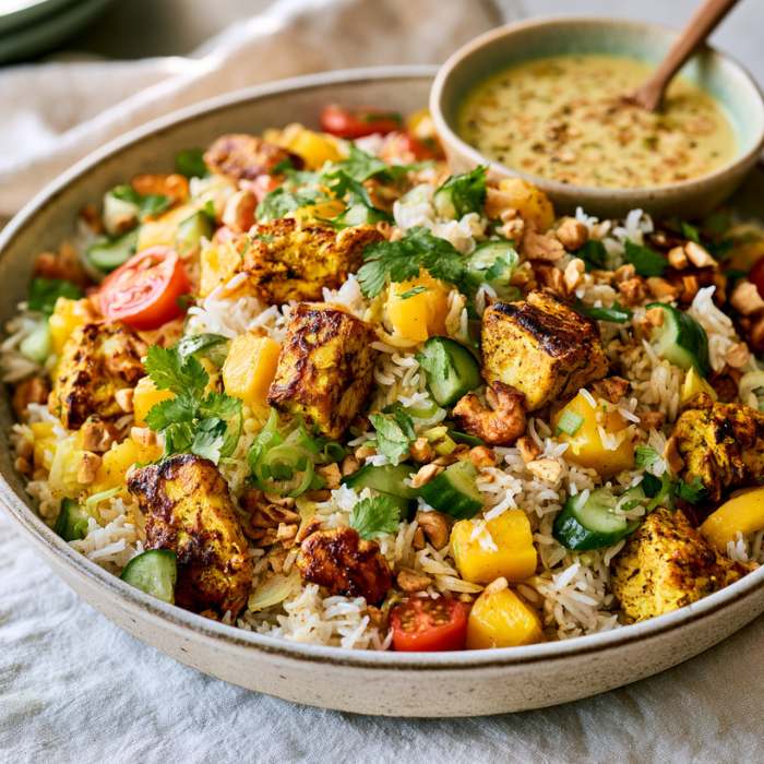 vibrant curry rice salad served in a large ceramic bowl on a light natural stone table. Fluffy basmati rice is mixed with golden curry-spiced grilled chicken, juicy mango cubes, sliced cucumber, cherry tomatoes, spring onion and chopped cashews, garnished